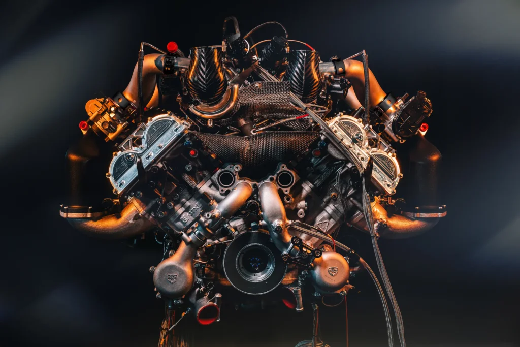 The Zenvo Mjølner V12 powertrain, viewed from the front